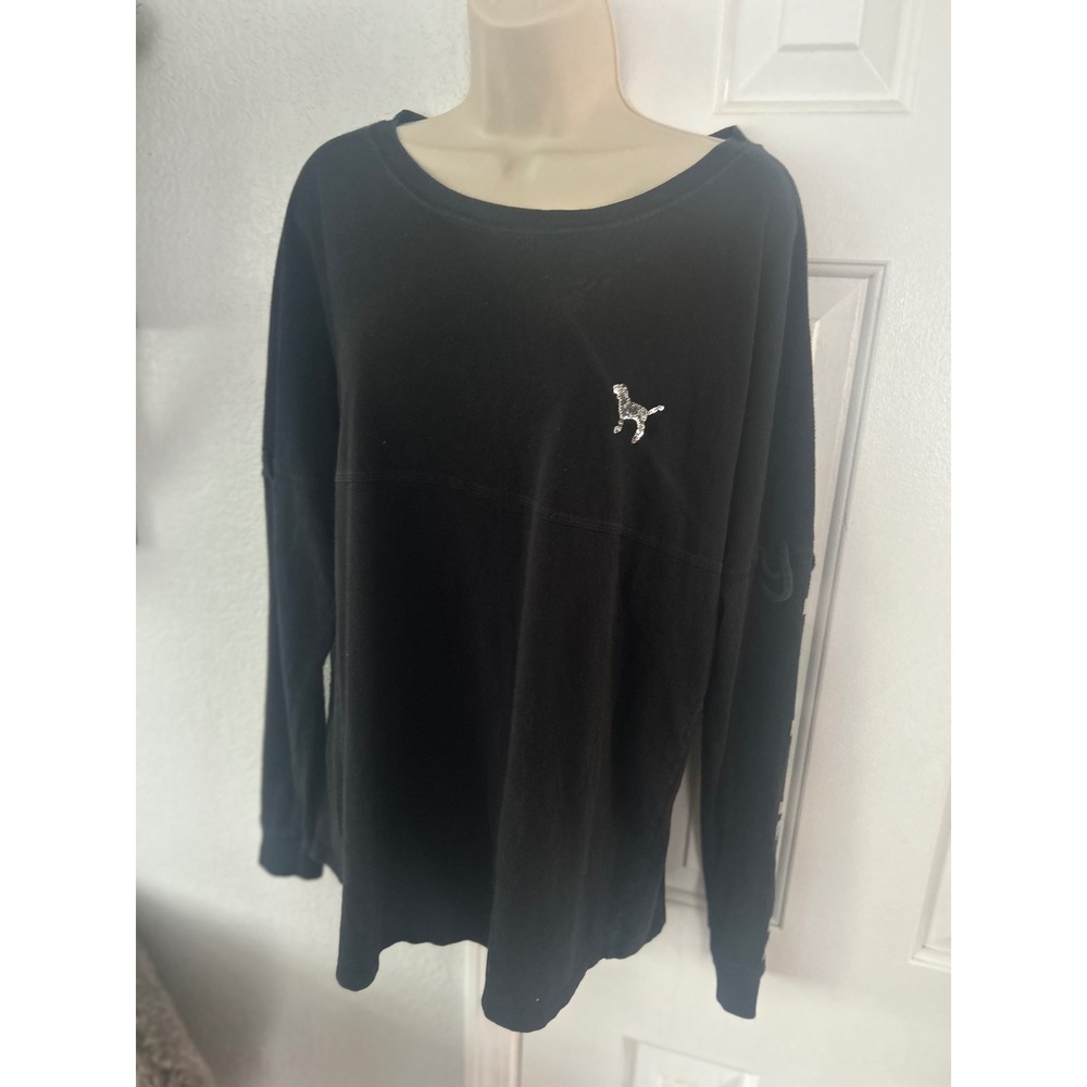 Victoria's Secret PINK Sequin Spirit Jersey Black Silver Lace Up Sleeve Large